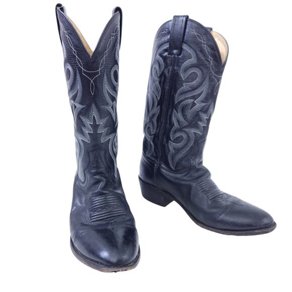 Dan Post Leather Cowboy Boots Men Size 8 Black Western Round Toe Boots - Picture 1 of 7